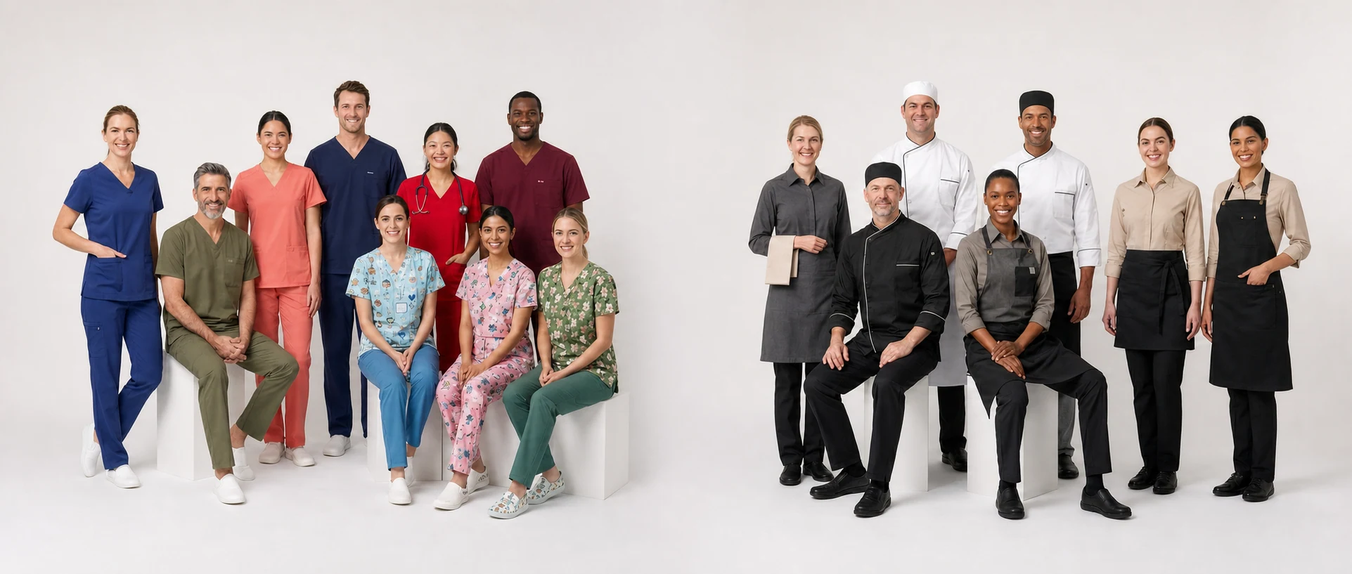 Healthcare and culinary professionals wearing J D Uniforms workwear