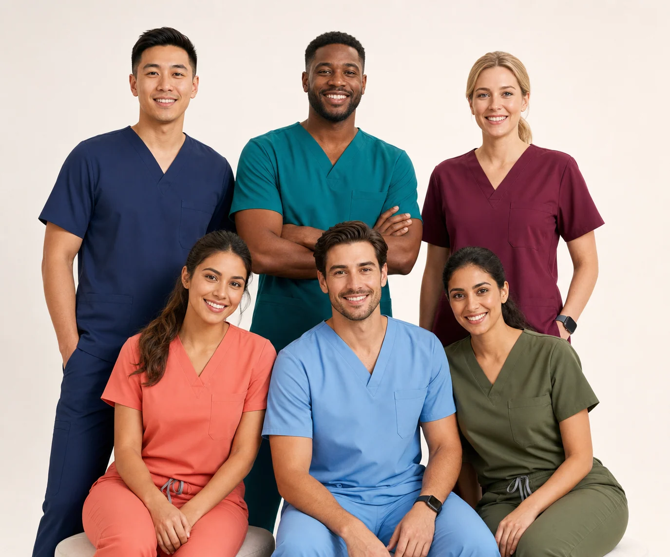A diverse team of healthcare professionals wearing J D Uniforms scrubs