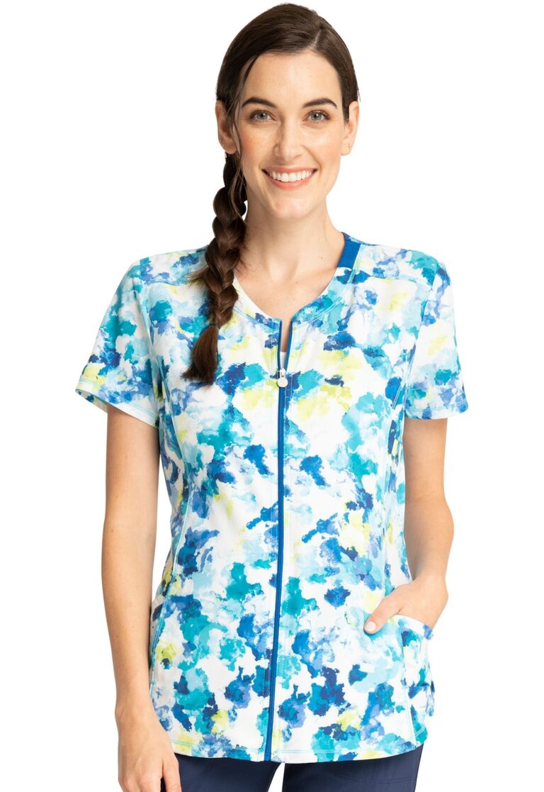Cherokee Infinity Women's Round Neck Zip Front Print Scrub Top